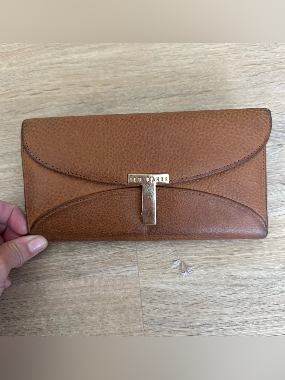 Ted Baker Brown Pebbled Leather Wallet with Gold Hardware